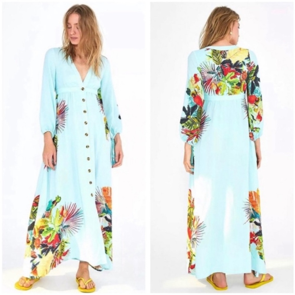 FARM Rio Aqua Maxi Dress with Tropical Floral Print